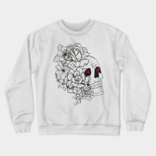 skeleton face drawn in black lines with various flowers and roses on one side Crewneck Sweatshirt